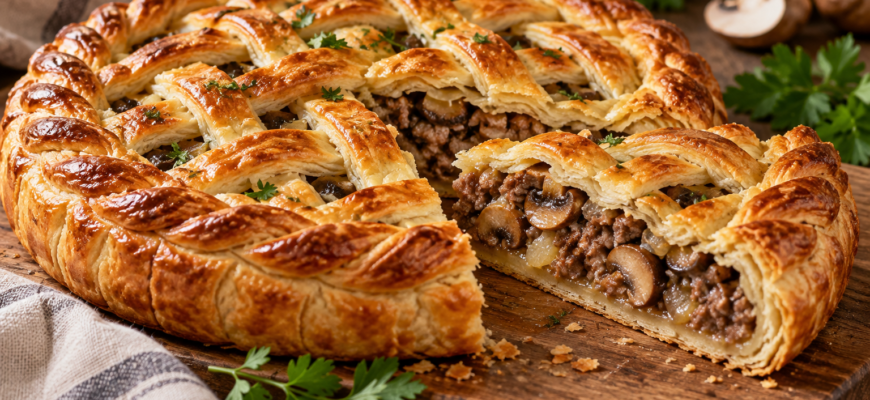 Быстрый мясной пирог с грибами из слоёного теста