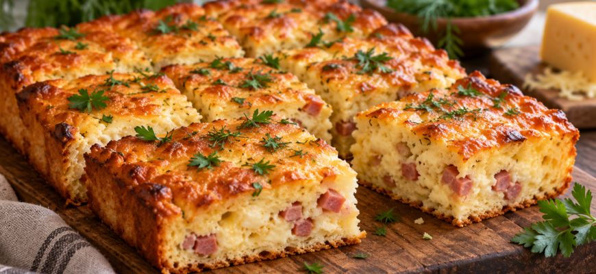 Быстрый пирог на кефире с сыром и сосисками