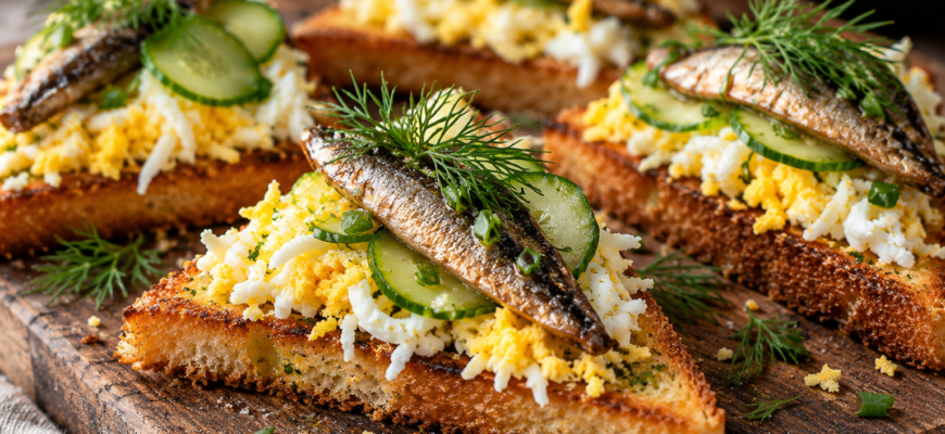 Чесночные гренки со шпротами и яйцом — простая закуска