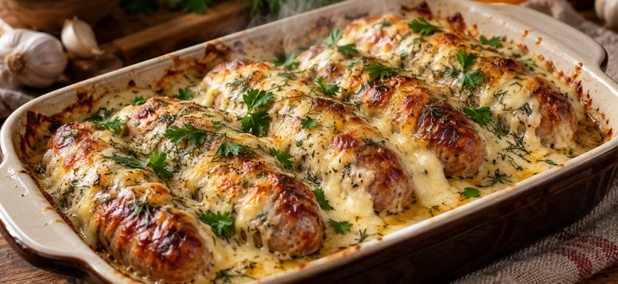 Горячая закуска из сарделек с сыром и чесночным соусом