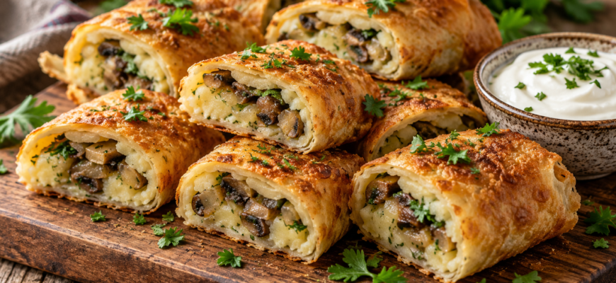 Горячие рулеты из лаваша с картофелем и грибами