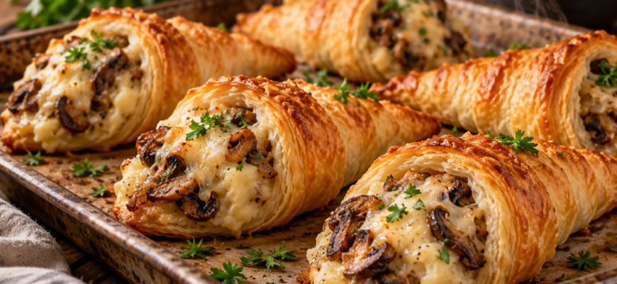Грибные кулёчки из слоёного теста с картофелем и сыром