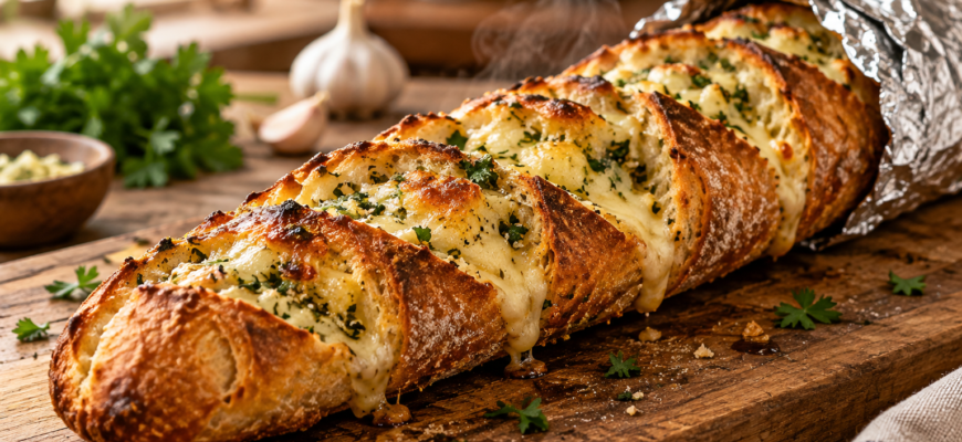 Хрустящий батон с сыром, маслом и чесноком в духовке