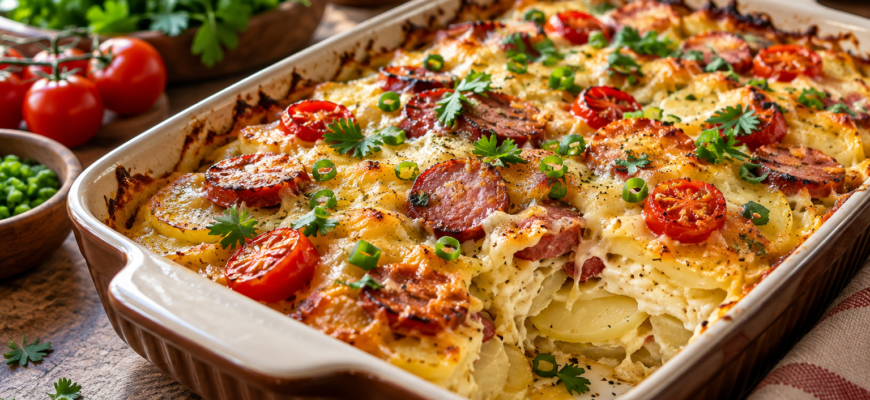 Картофельная запеканка с колбасой и сыром: быстрый ужин