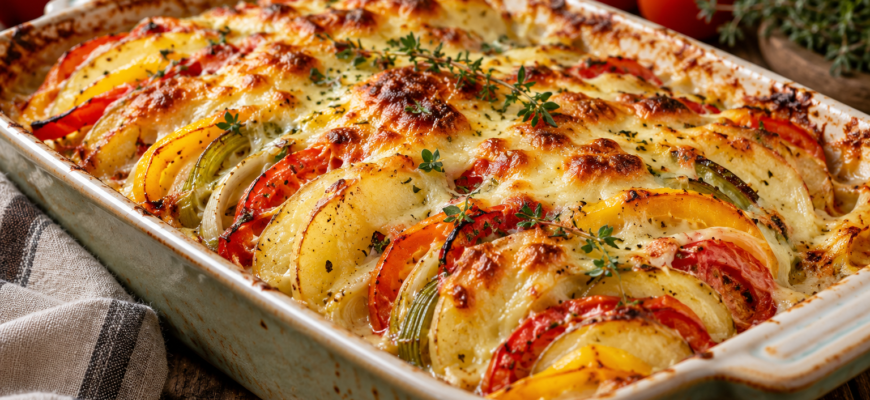 Картофельный гратен с овощами и сыром сулугуни