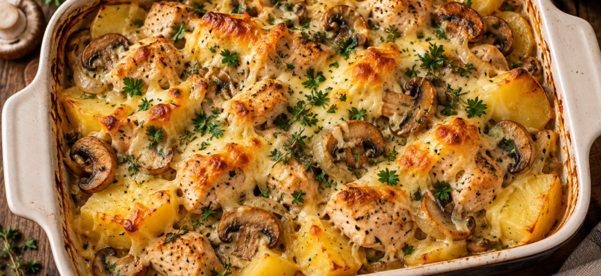 Картошка с курицей и грибами в духовке: простой рецепт