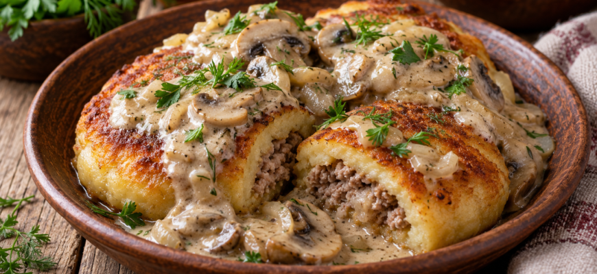 Колдуны по-белорусски: картофельные лепёшки с мясом и грибным соусом