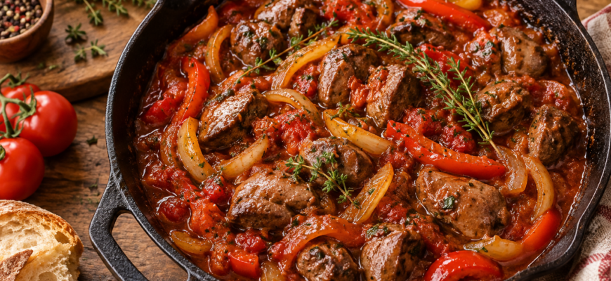 Куриная печень с луком и болгарским перцем