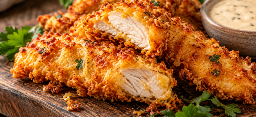 Куриное мясо в трёх видах кляра: сыр, крабовые палочки, колбаса