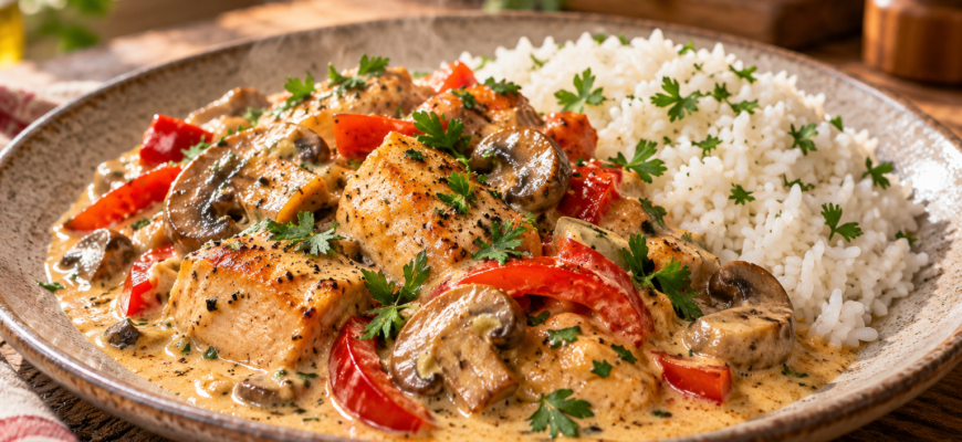 Курица с рисом и овощами в сливочном соусе: быстрый ужин