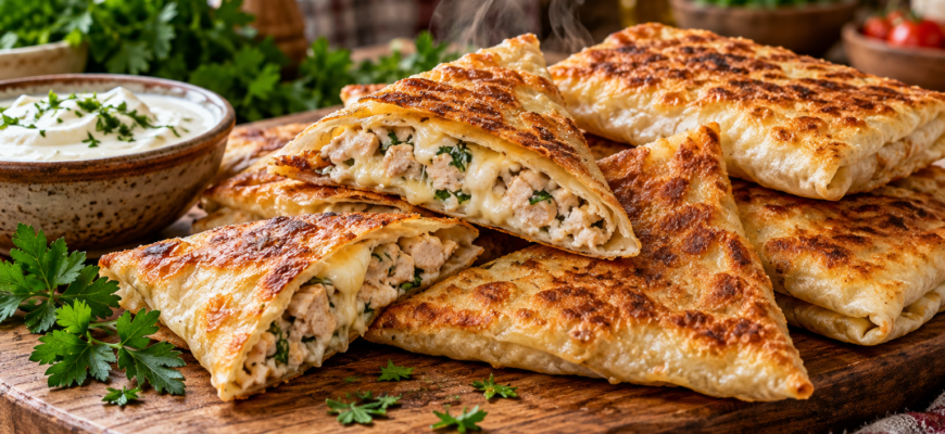 Ленивые чебуреки из лаваша с куриным фаршем и сыром