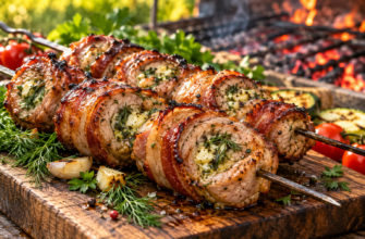 Мясные рулетики на углях с беконом и зеленью