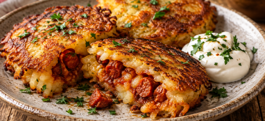 Оладьи из сырого картофеля с начинкой из чоризо