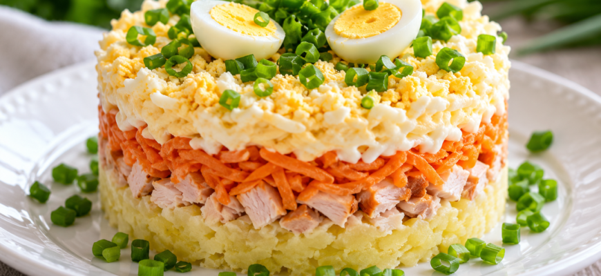 Праздничный салат без пропитки с курицей и корейской морковью