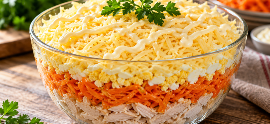 Салат Бунито слоеный с курицей, сыром и морковью