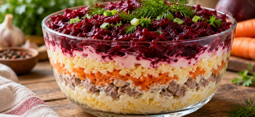 Салат из свёклы «Генерал»: сытный слоёный рецепт с мясом