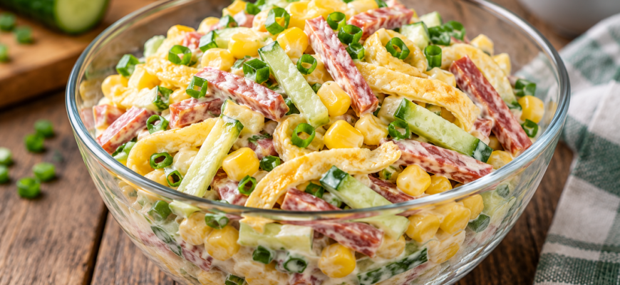 Салат «Любимый» с колбасой, кукурузой и омлетом