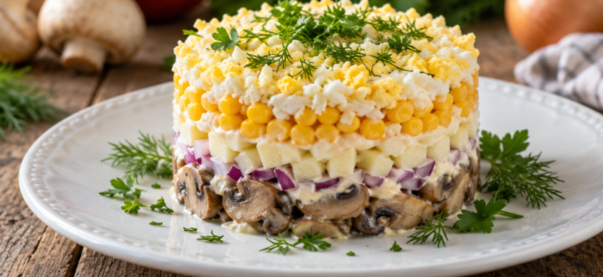 Салат «Мошенница» с курицей, грибами и яблоком
