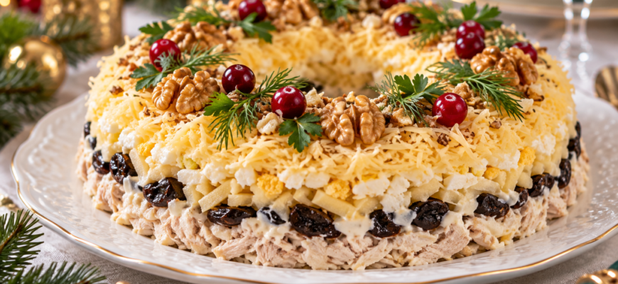 Салат на Новый год слоями с курицей и черносливом