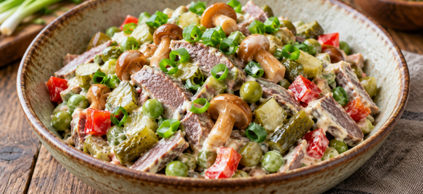 Салат с говяжьим языком, опятами и корнишонами