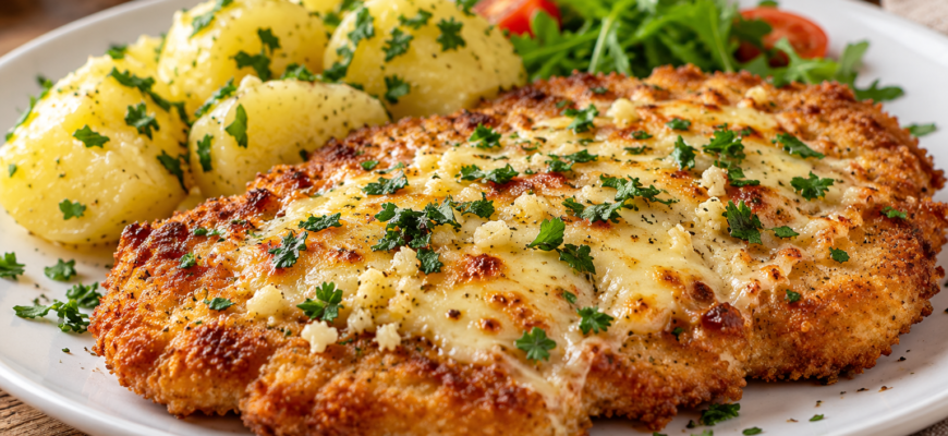 Шницель с чесноком и сыром в духовке
