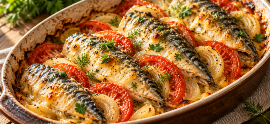 Скумбрия, запеченная под овощами в духовке