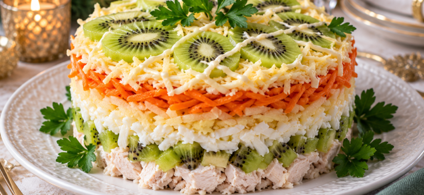 Слоеный салат с курицей и киви: пошаговый рецепт