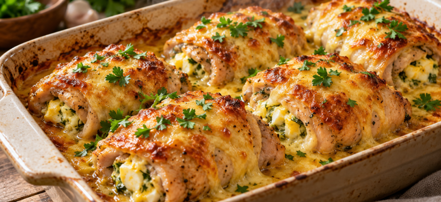 Сочные куриные рулетики с сыром и яйцом в духовке