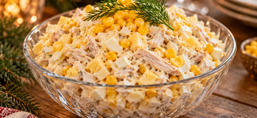 Сытный салат с курицей, сыром и кукурузой